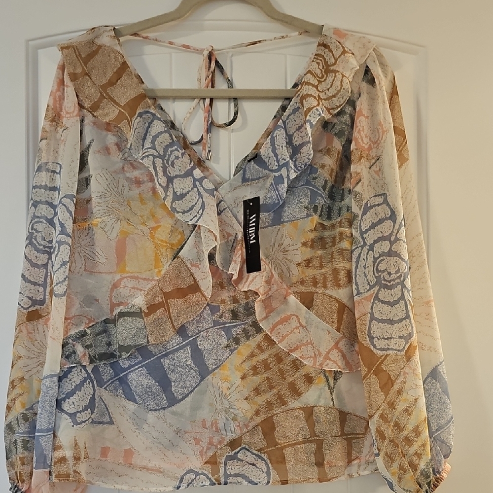 White House Black Market Orange and Blue Long Sleeve Wrap Blouse